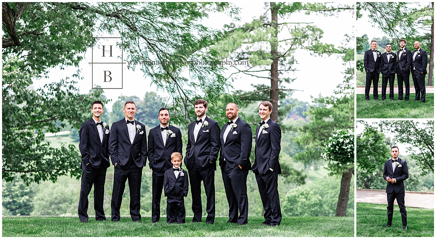 Groomsmen in black tuxes pose with groom in black tux with green forest background at Oglebay
