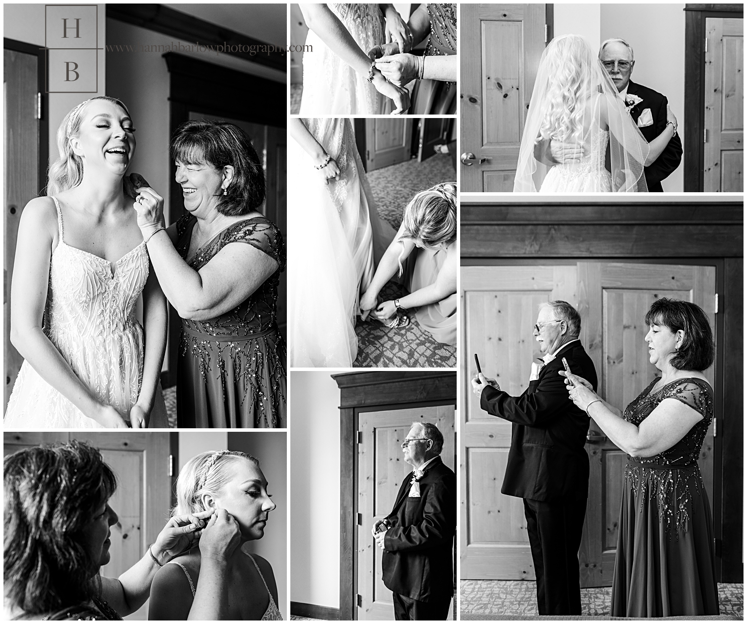 Black and white photo collage of bride getting help getting ready from mom, sister and dad