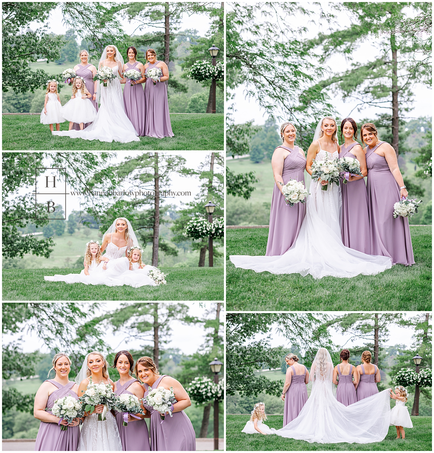 Bridesmaids in subtle lavender dresses pose with bride and flower girls.