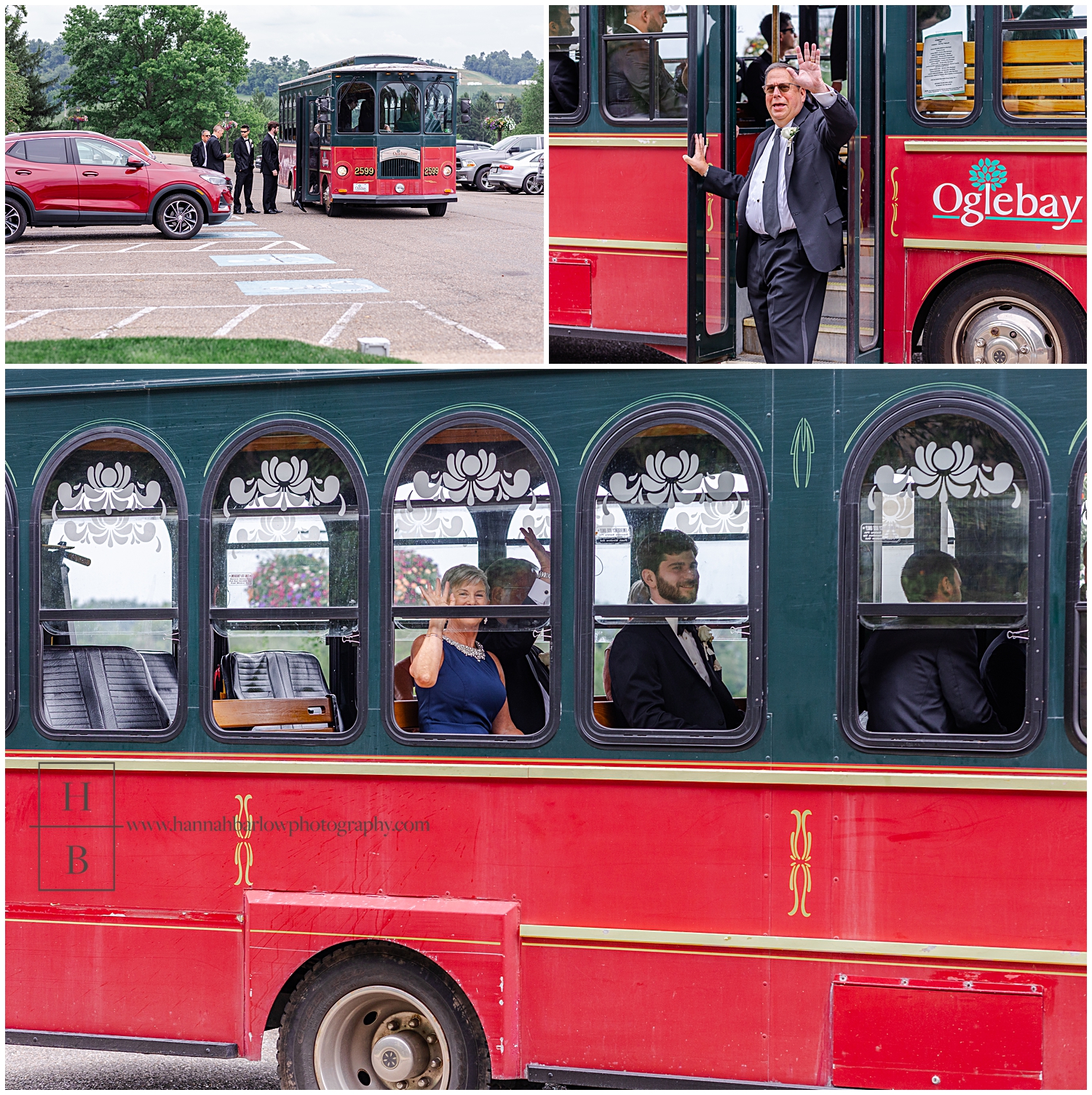 Family gets on red trolley and waves while departing for ceremony.