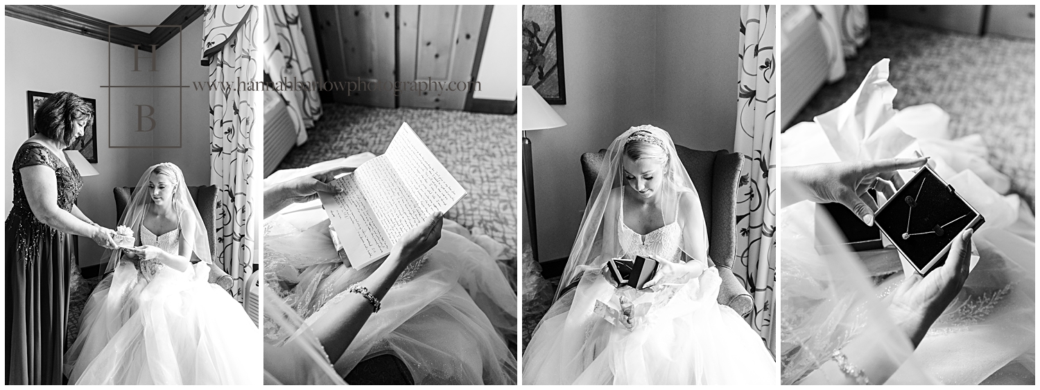 Black and white photos of bride opening gift from groom