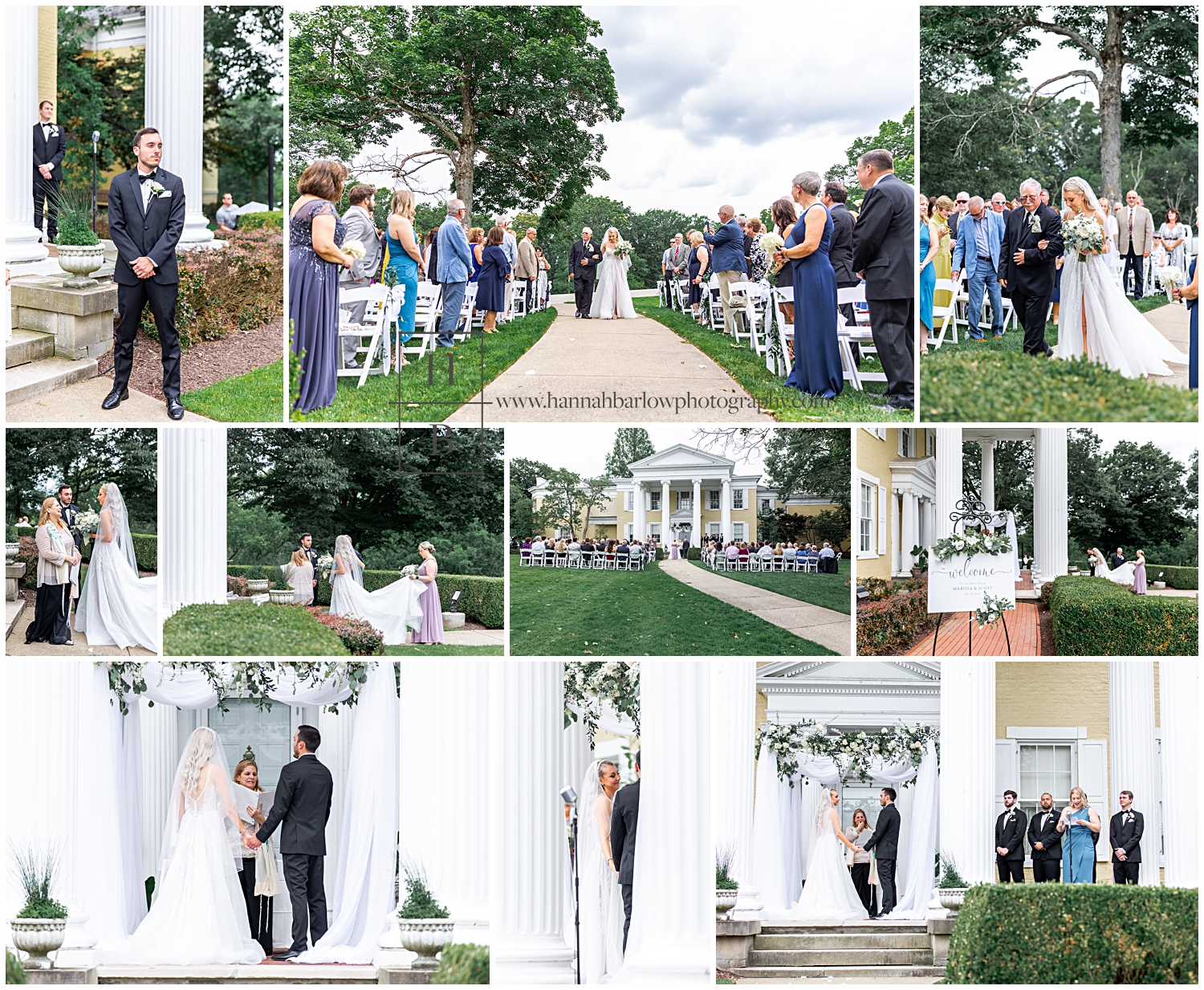 Ceremony collage of wedding ceremony outside Oglebay's mansion.