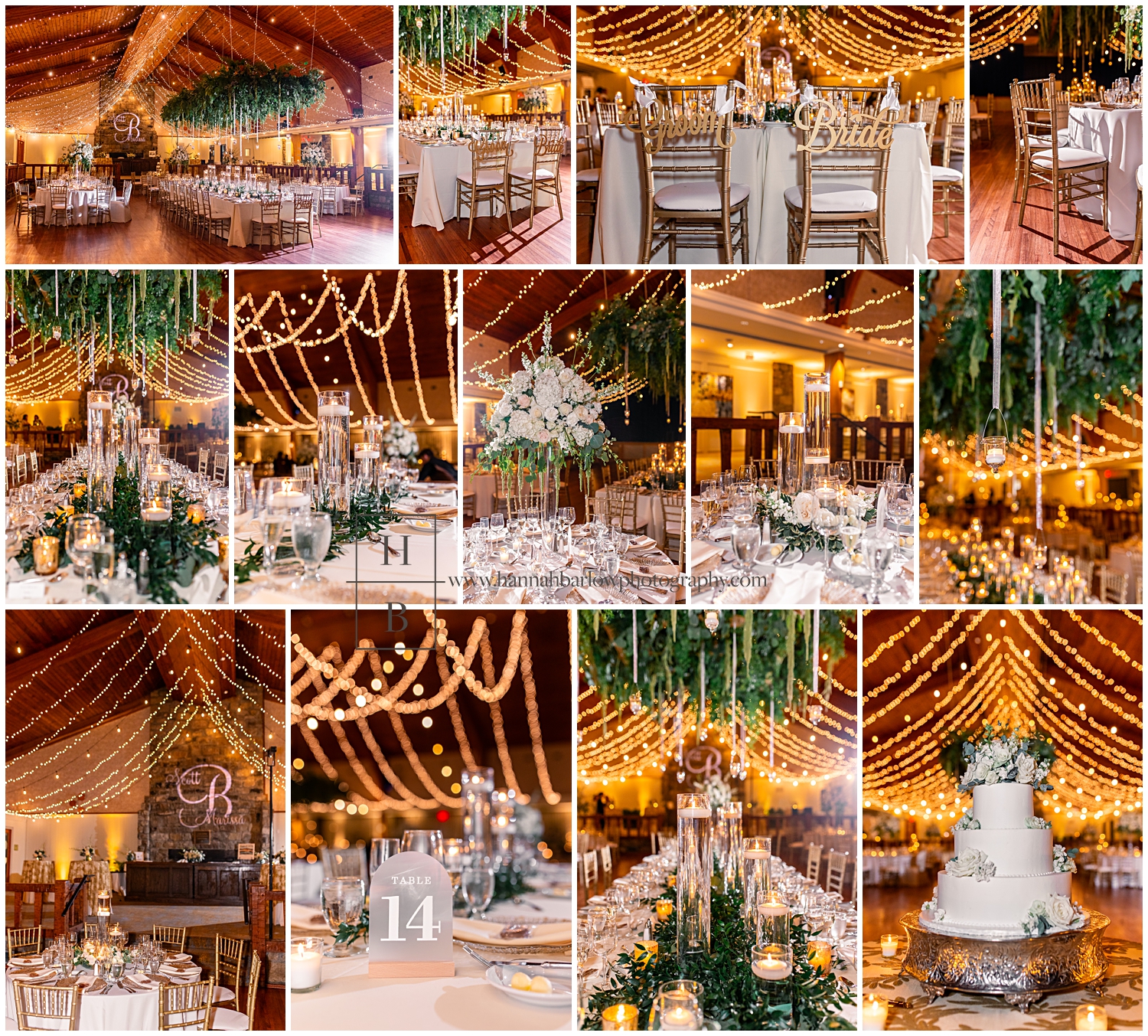 Wedding reception photos featuring gold lights and accents.