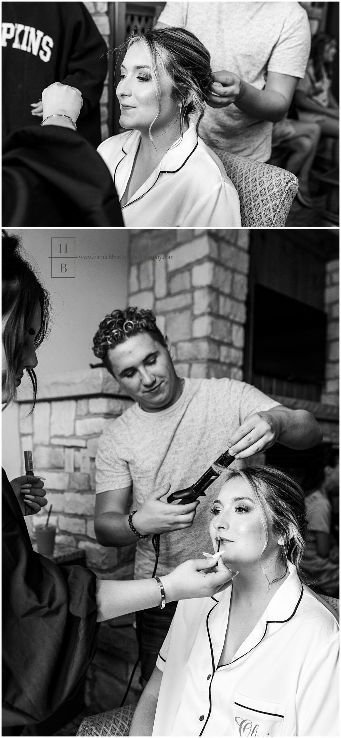 Black and White Photos of Bride getting hair and makeup done.