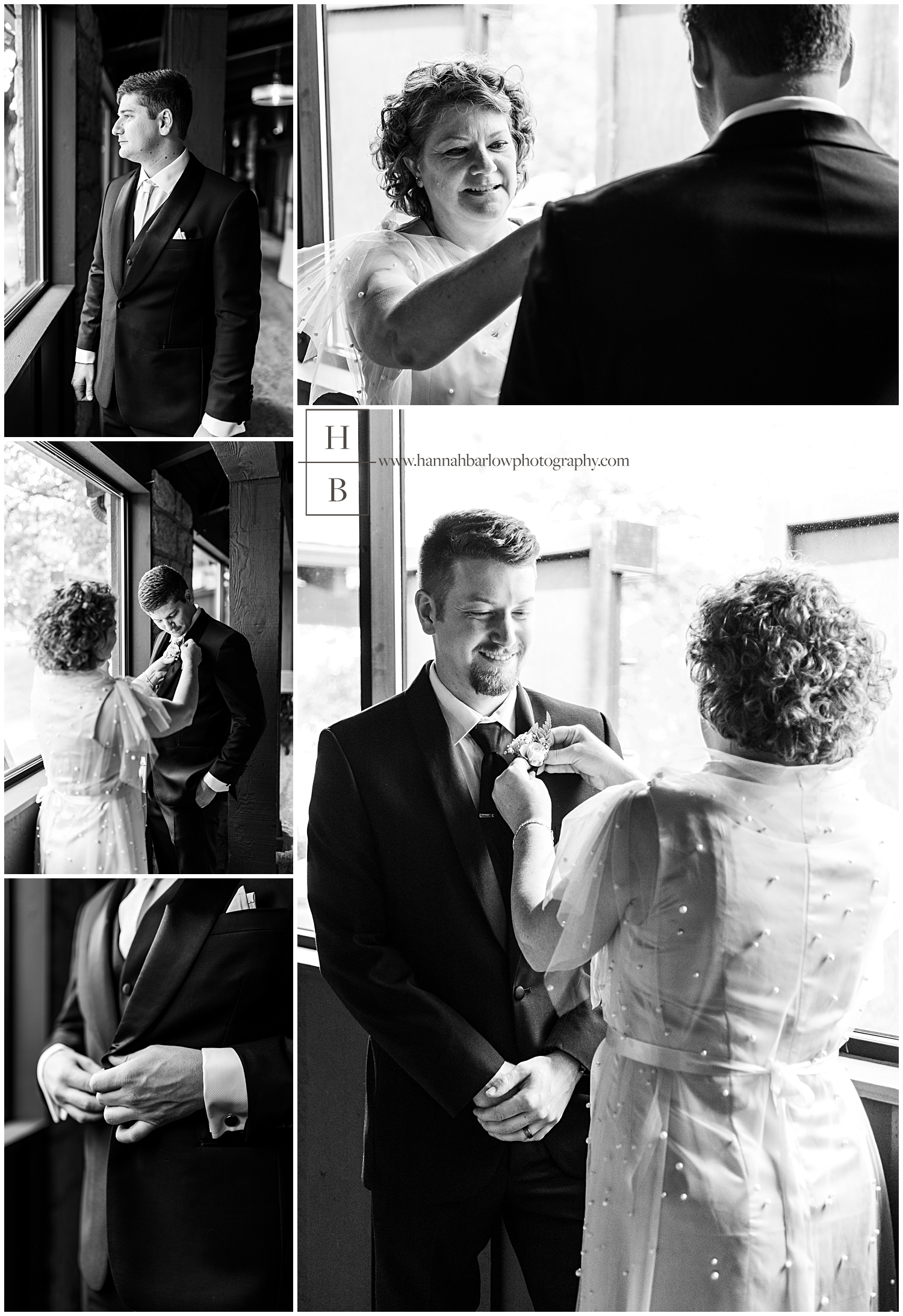 Black and white photos of mom pinning flower on groom and best man