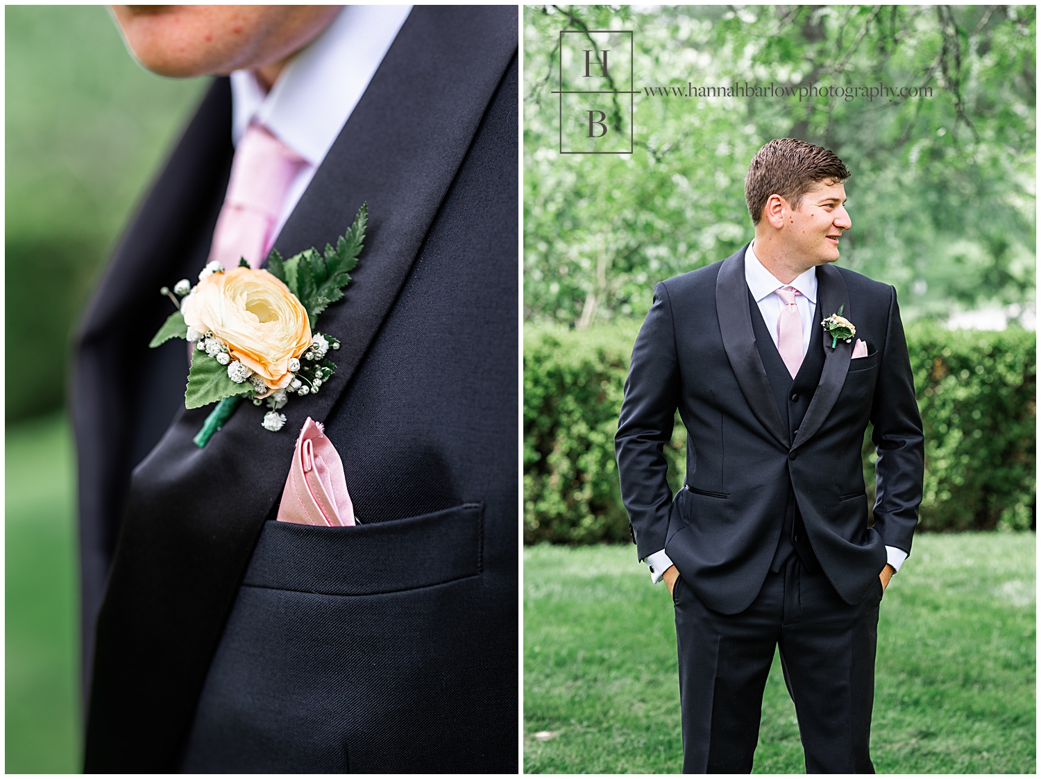 Photo of flower on groom and groom posing in black tux