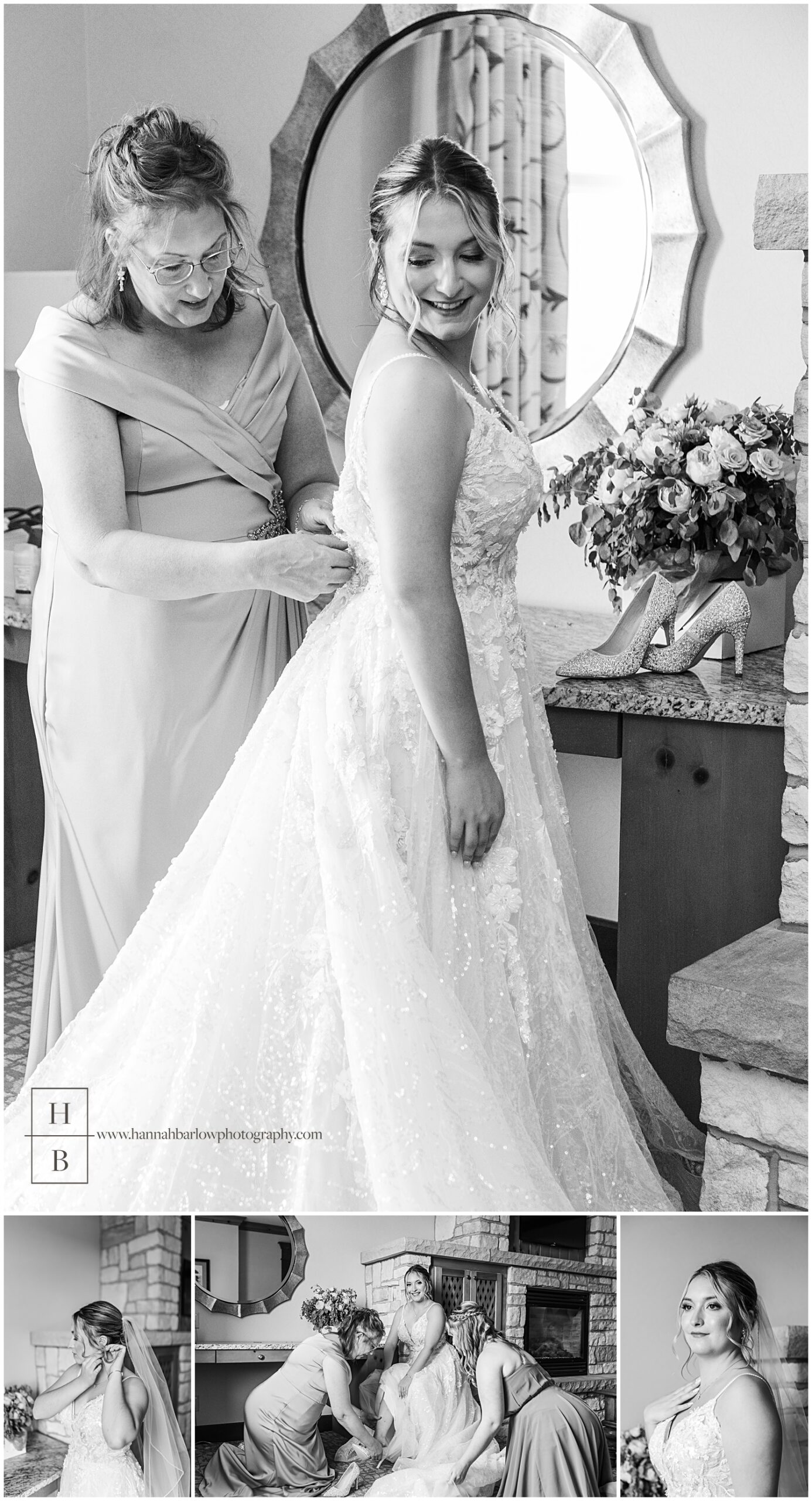 Black and white photos of mother of the bride helping daughter get in wedding dress