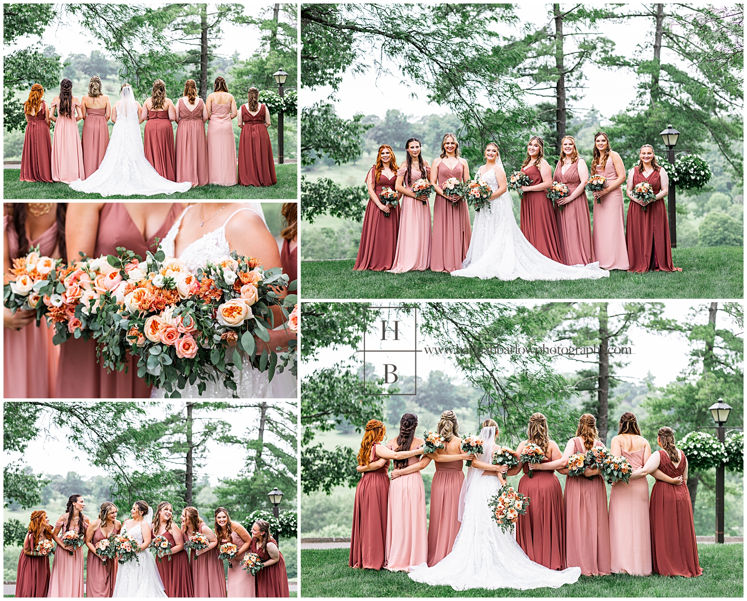 Bridesmaids wear differing colors of pink and color and pose for group wedding photos