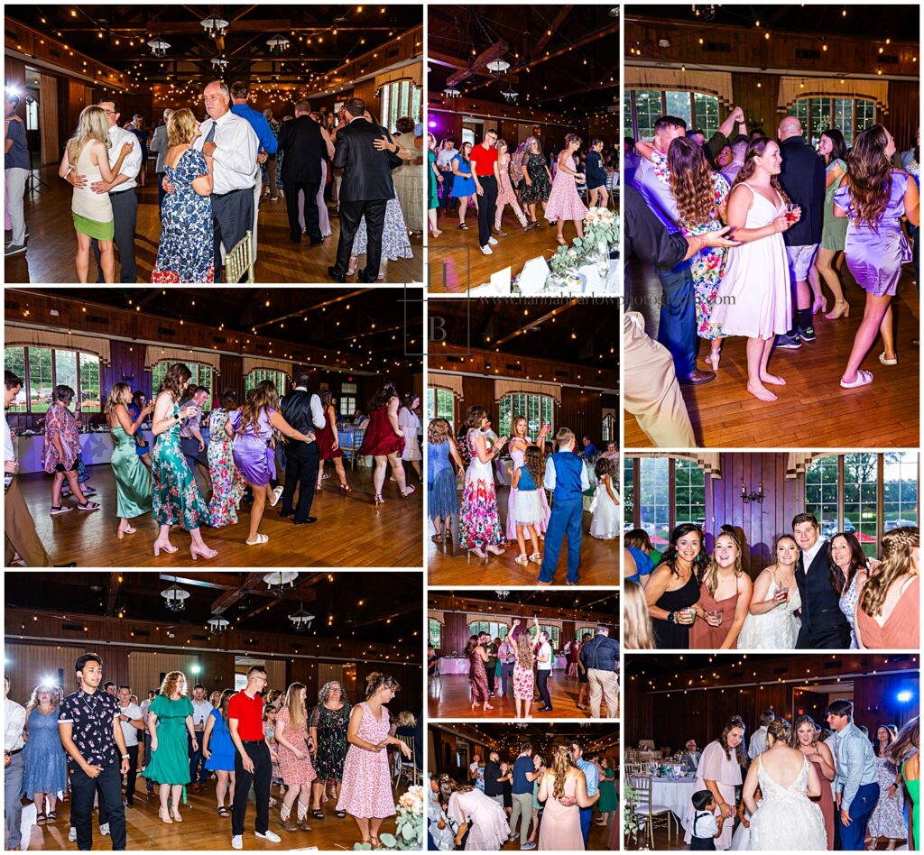 Group collage of photos of wedding reception dancing