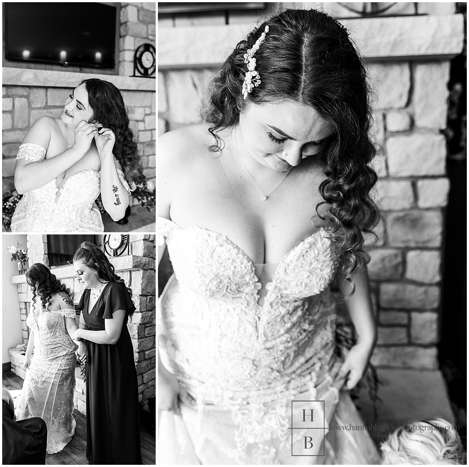 Black and white photos of bride and maid of honor getting jewelry and shoes on.