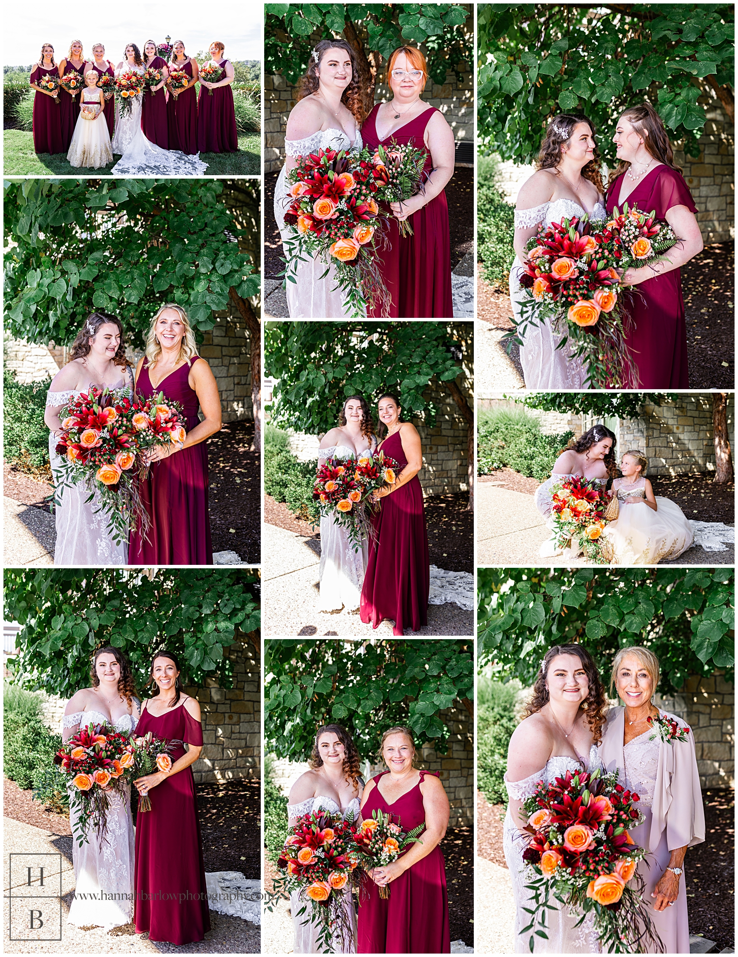 Bride and bridesmaids in maroon dresses pose for photos.