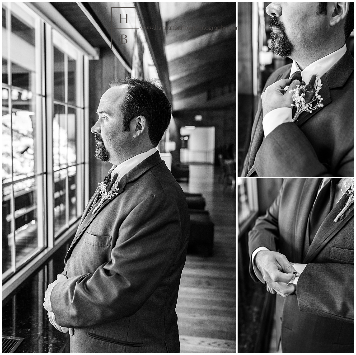 Black and white photos of groom standing by window.