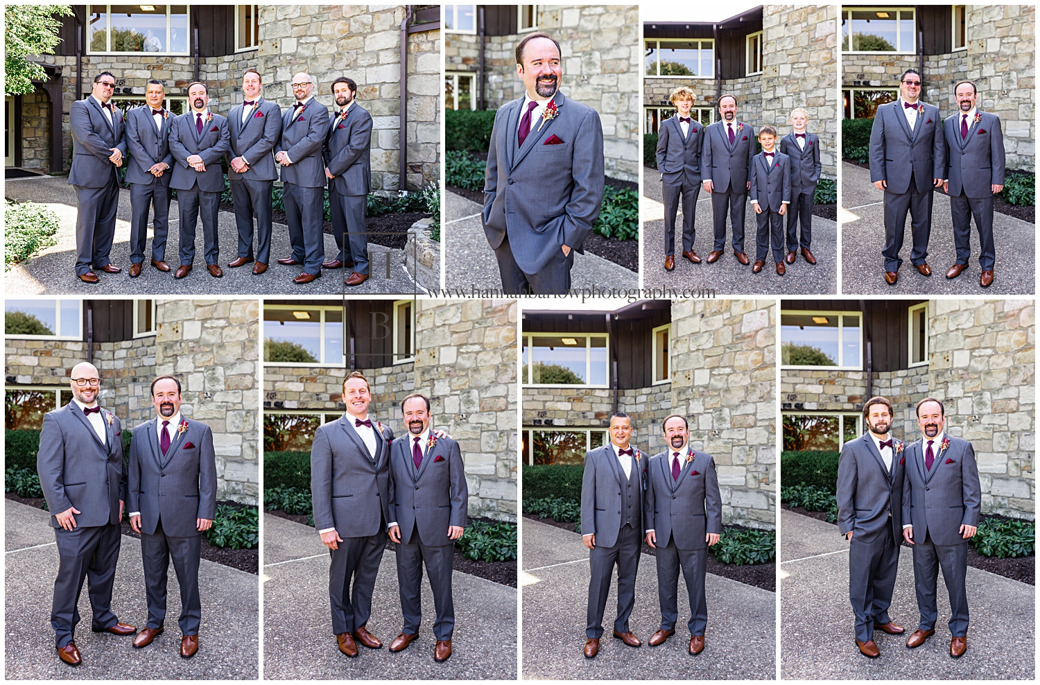 Collage of groom and groomsmen pose for photos in grey tuxes.