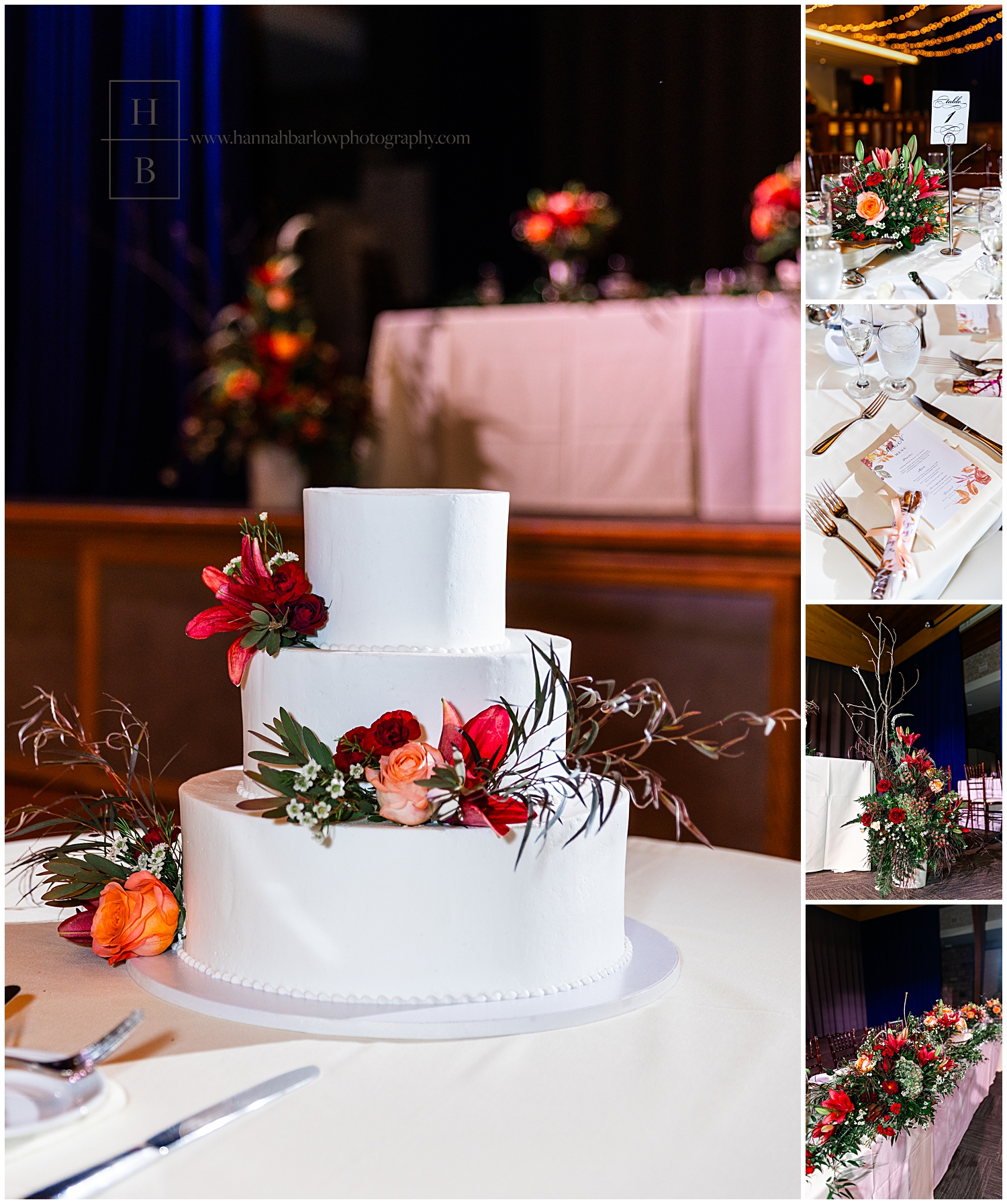 Fall wedding cake and reception details.
