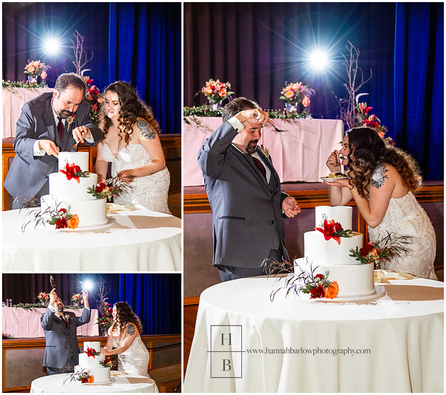 Wedding couple laughs while cutting and eating cake.