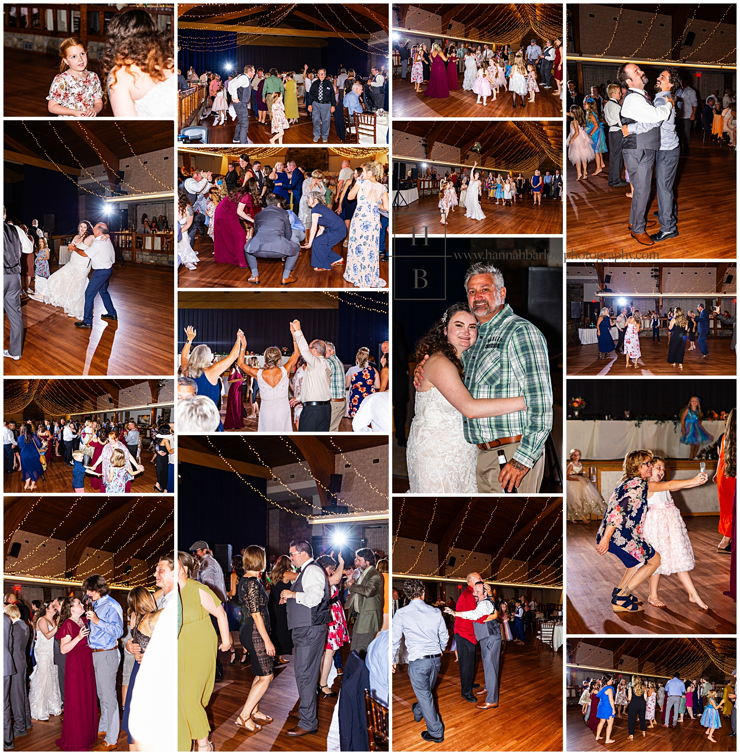 Collage of open dance floor dancing with couple and guests.
