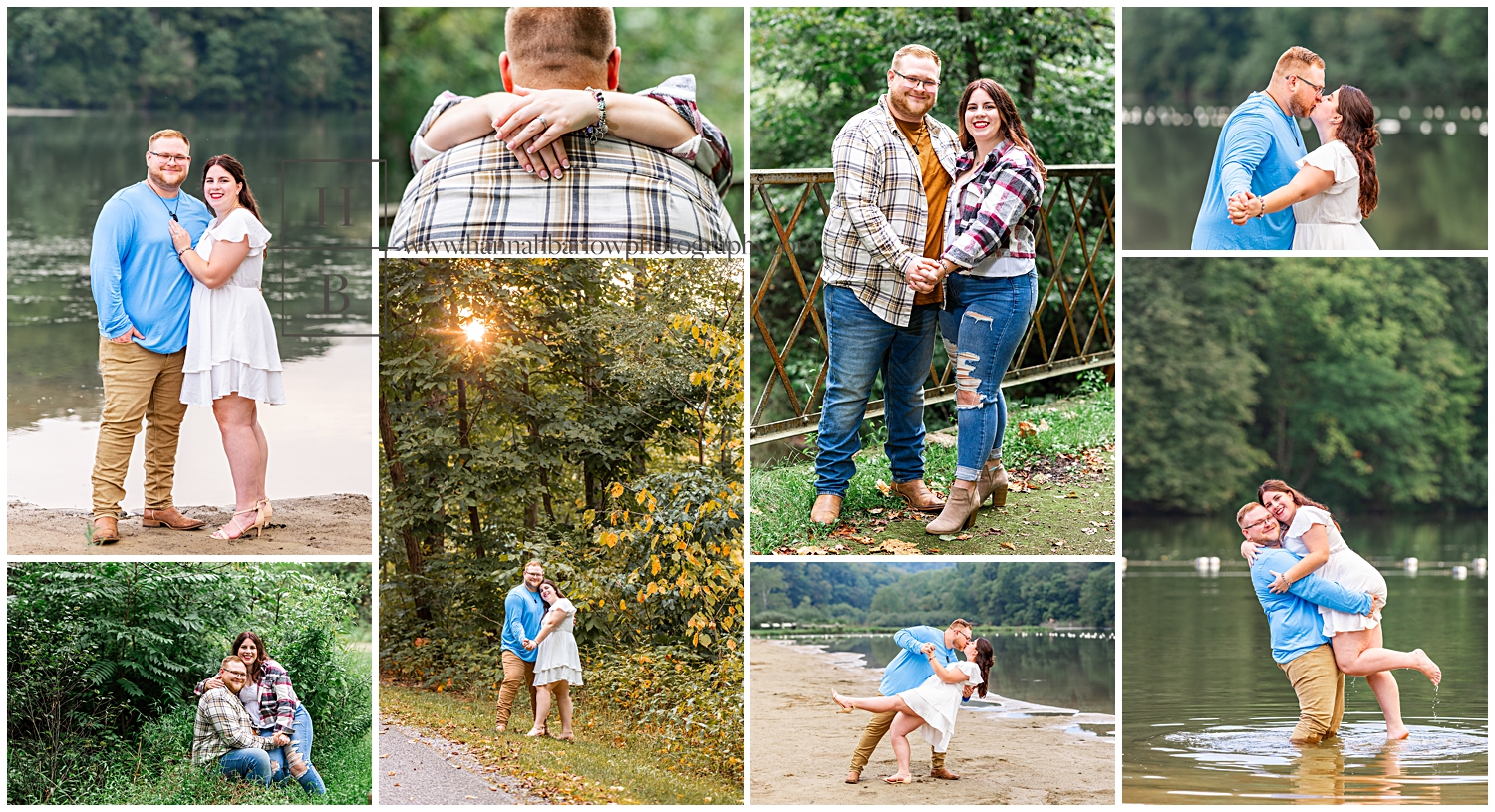 Collage of couple posing for September engagement session in Pennsylvania mountains.