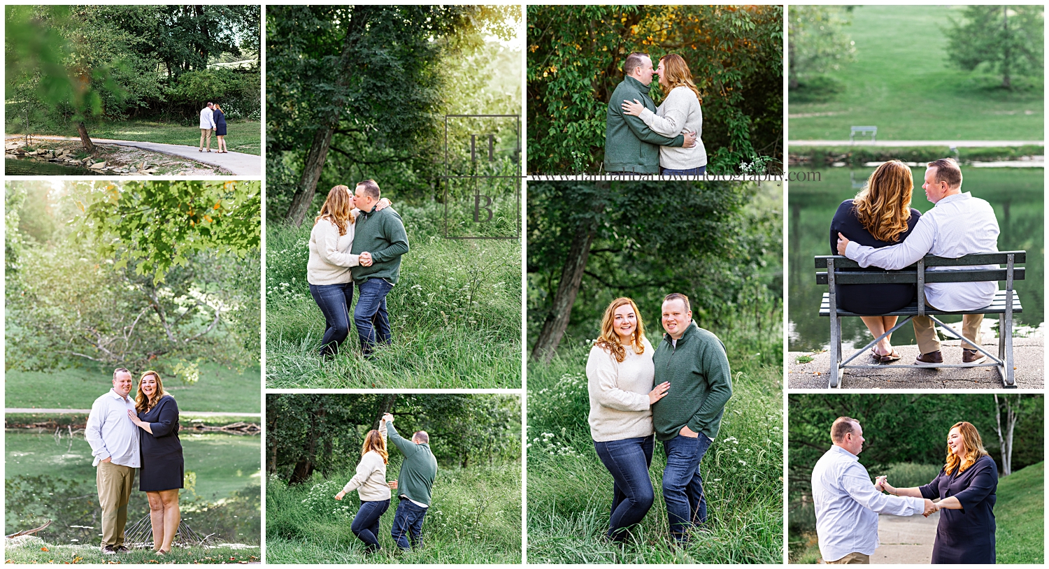 Collage of couple posing for engagement photos in green foliage with golden light behind them.