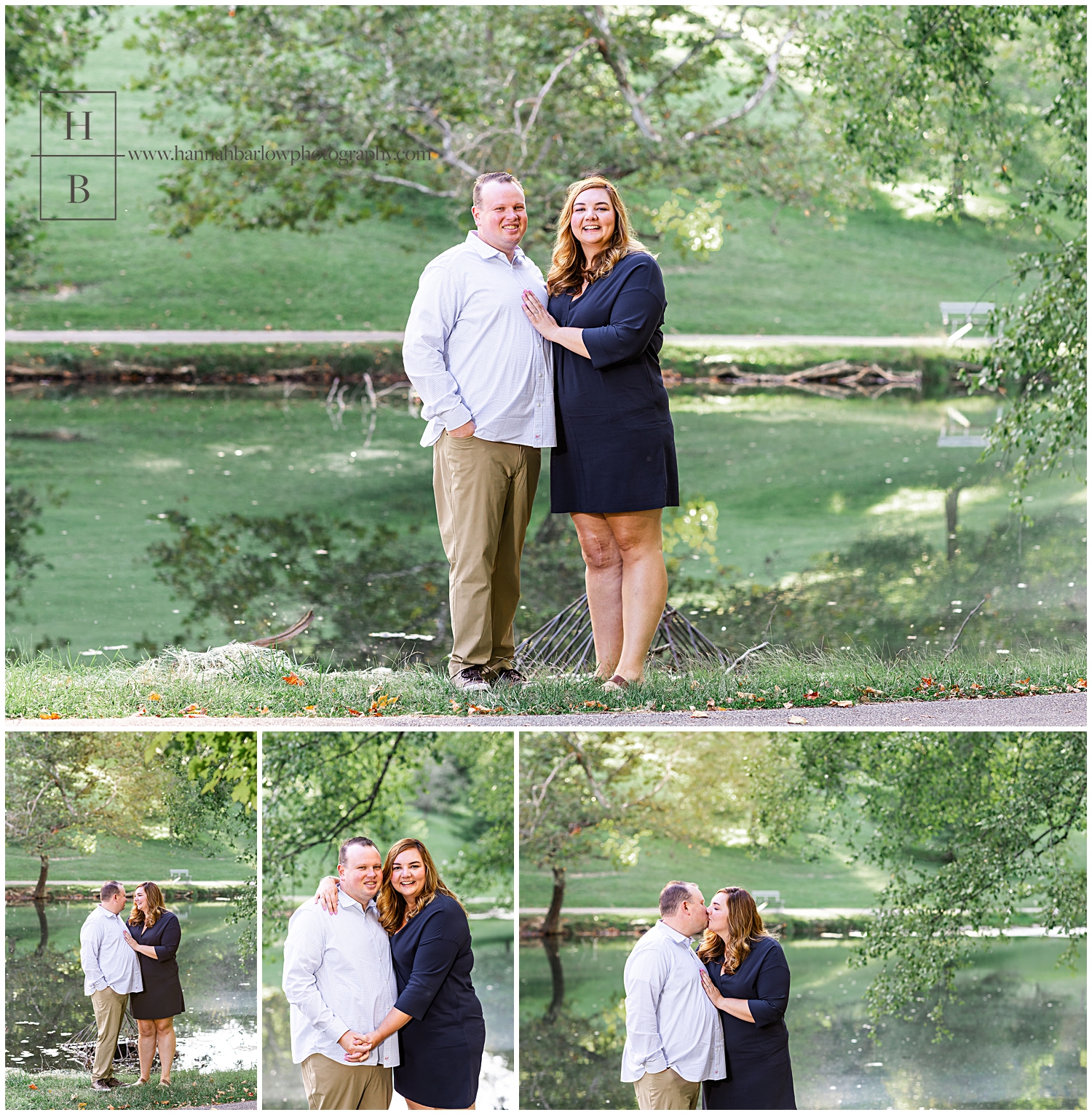 Couple poses for engagement photos by lakeside with golden hour light behind them.