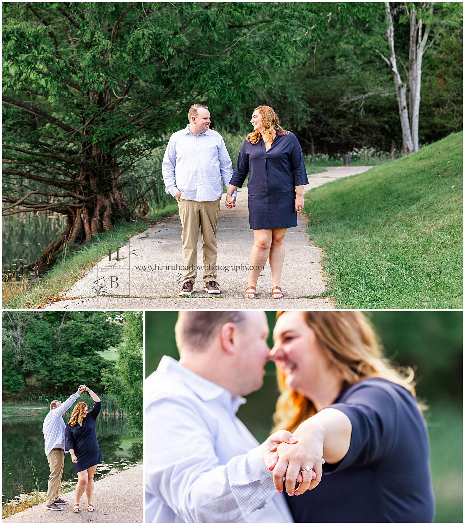 Lady in navy dress holds out hand for engagement photos to show off ring.