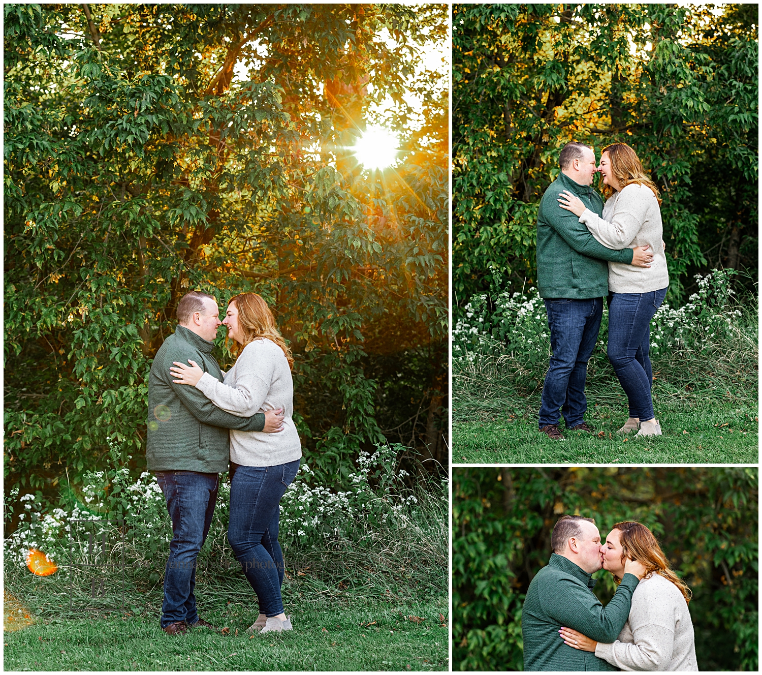 Man in green sweater embraces fiance for engagement photos during golden hour.