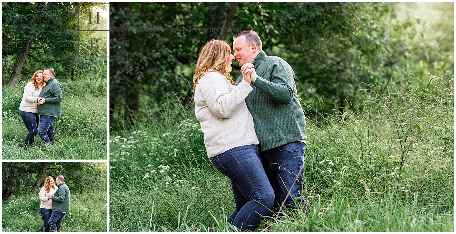 Man dips woman in long grass for engagement photos.