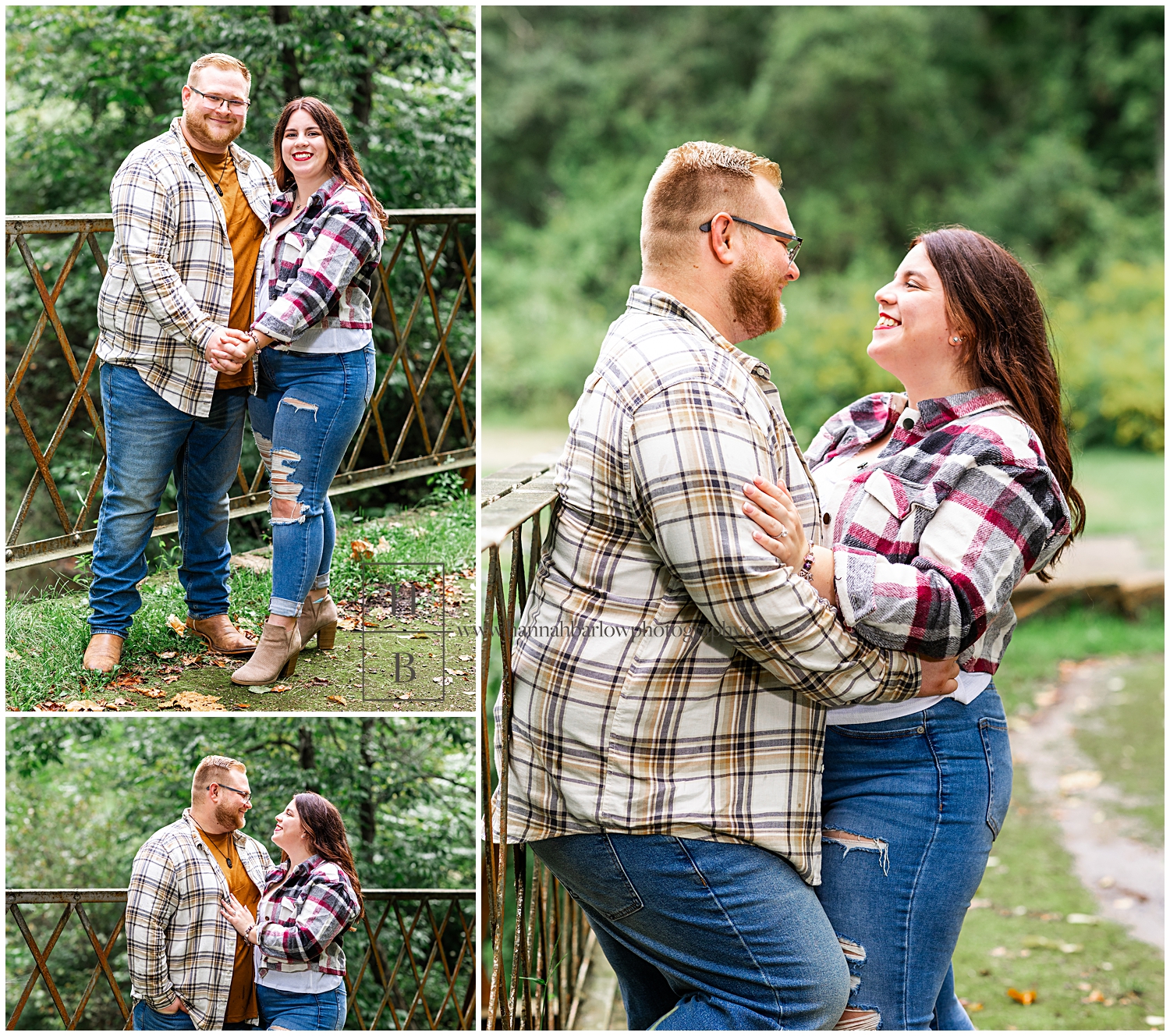 Couples smiles at one another and pose for engagement photos wearing flannel.