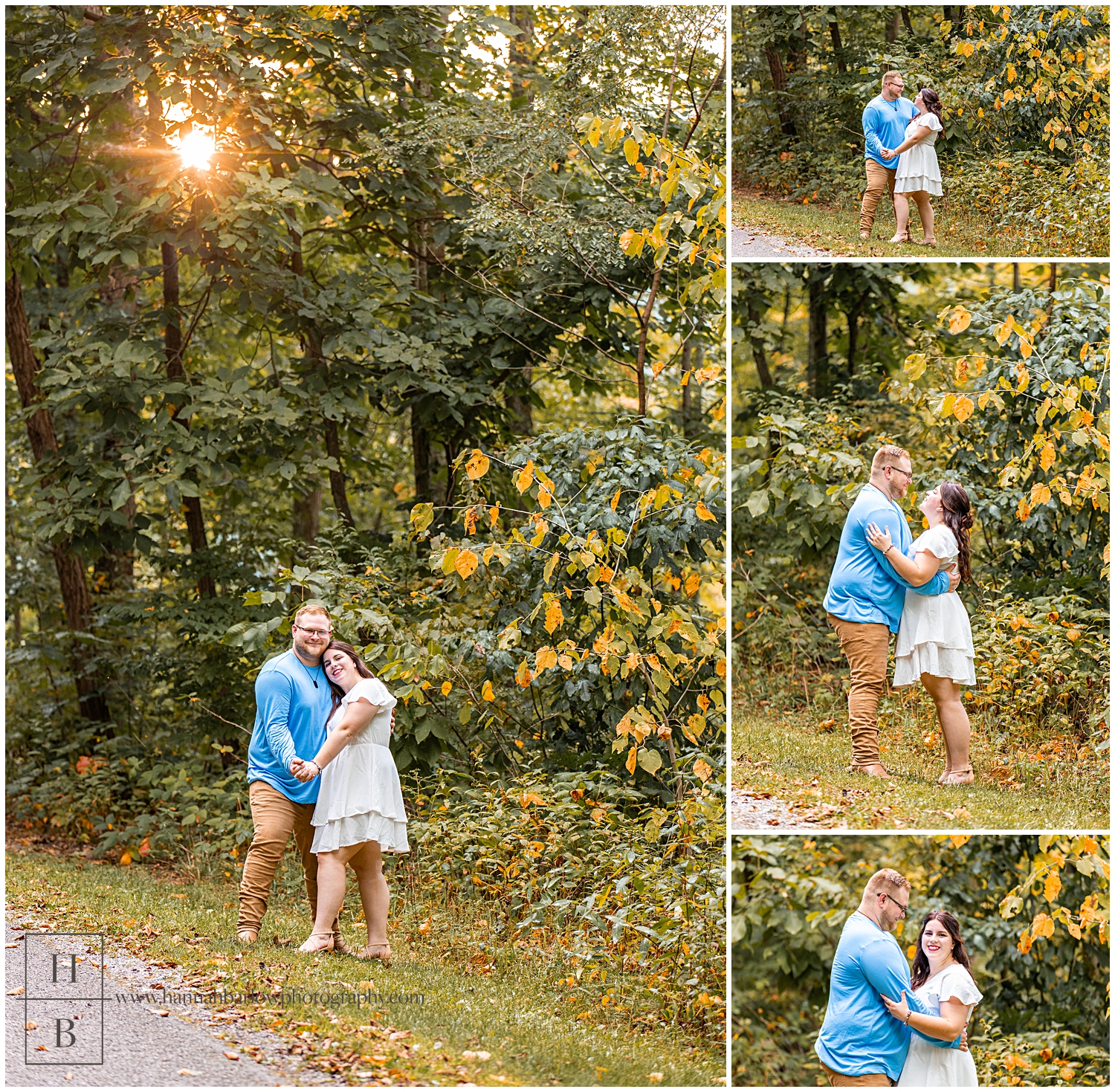 Fall engagement photos of man in blue shirt and woman in white dress
