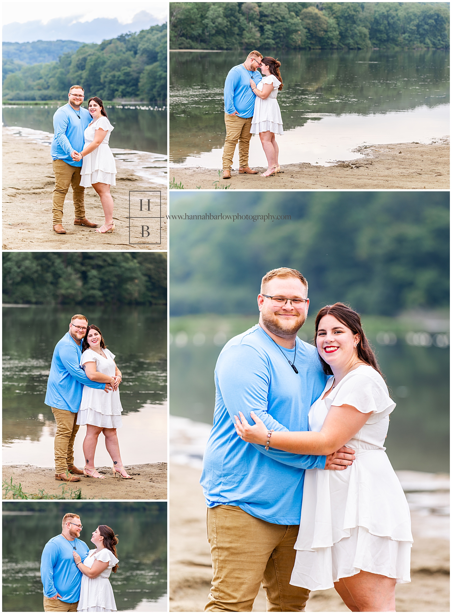 Man and woman pose for engagement photos on a beach by a lake.