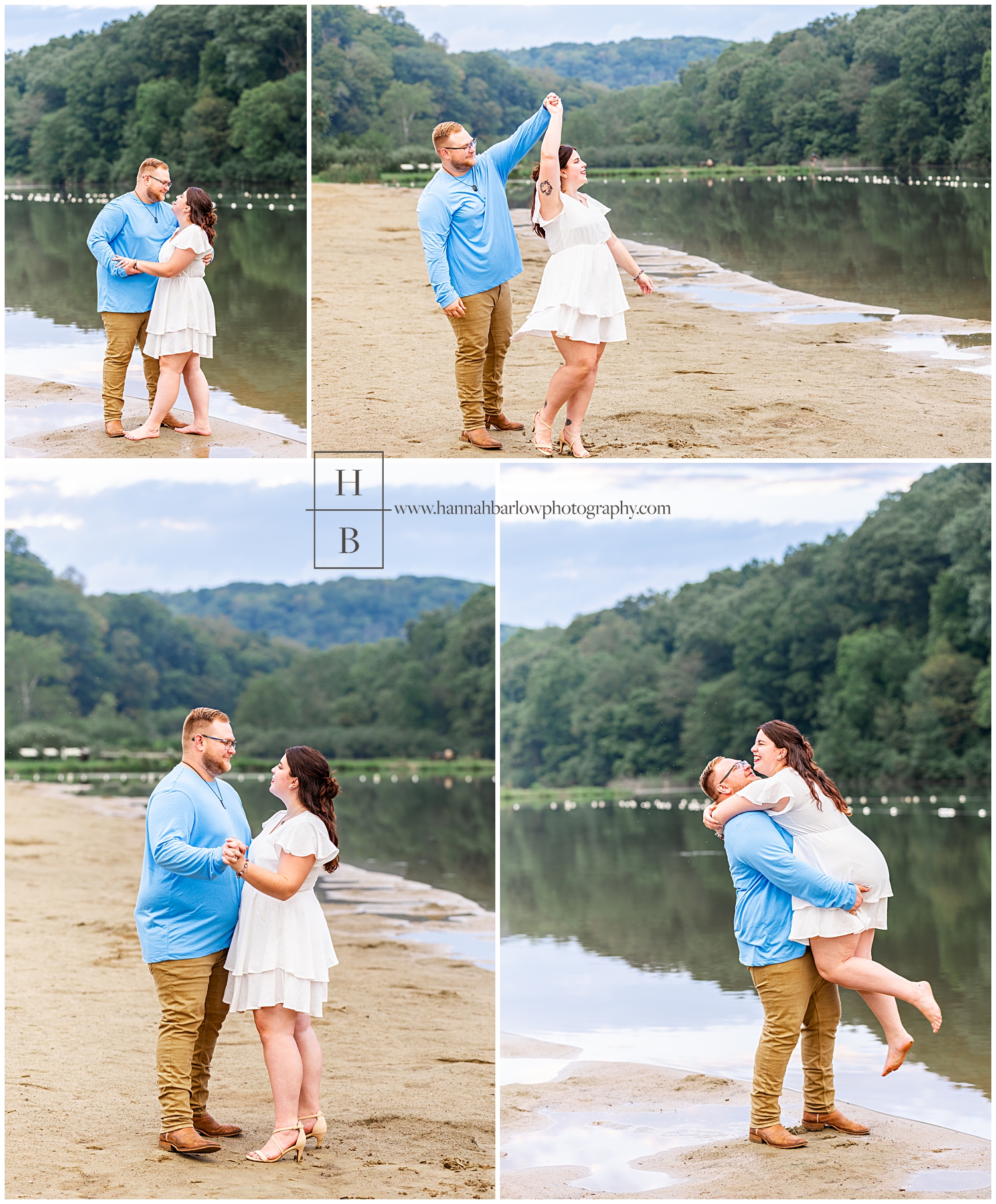Man in blue shirt dances and lifts fiancé in the air for engagement photos.