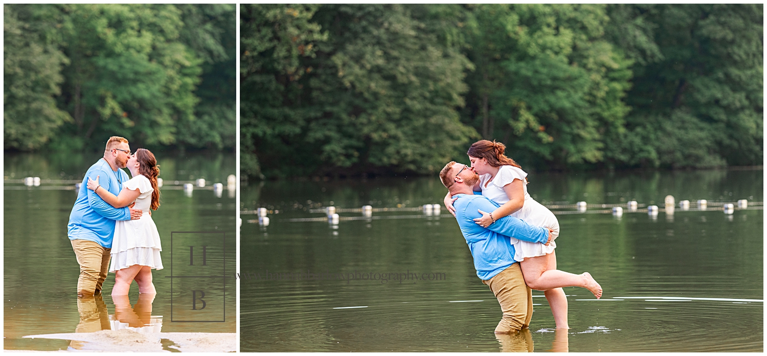 Couple stands in water kissing.