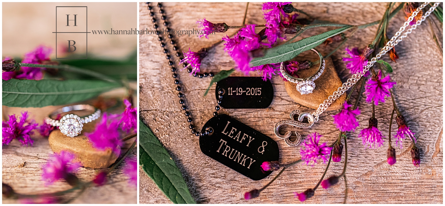 Necklace and ring detail shots with purple flowers