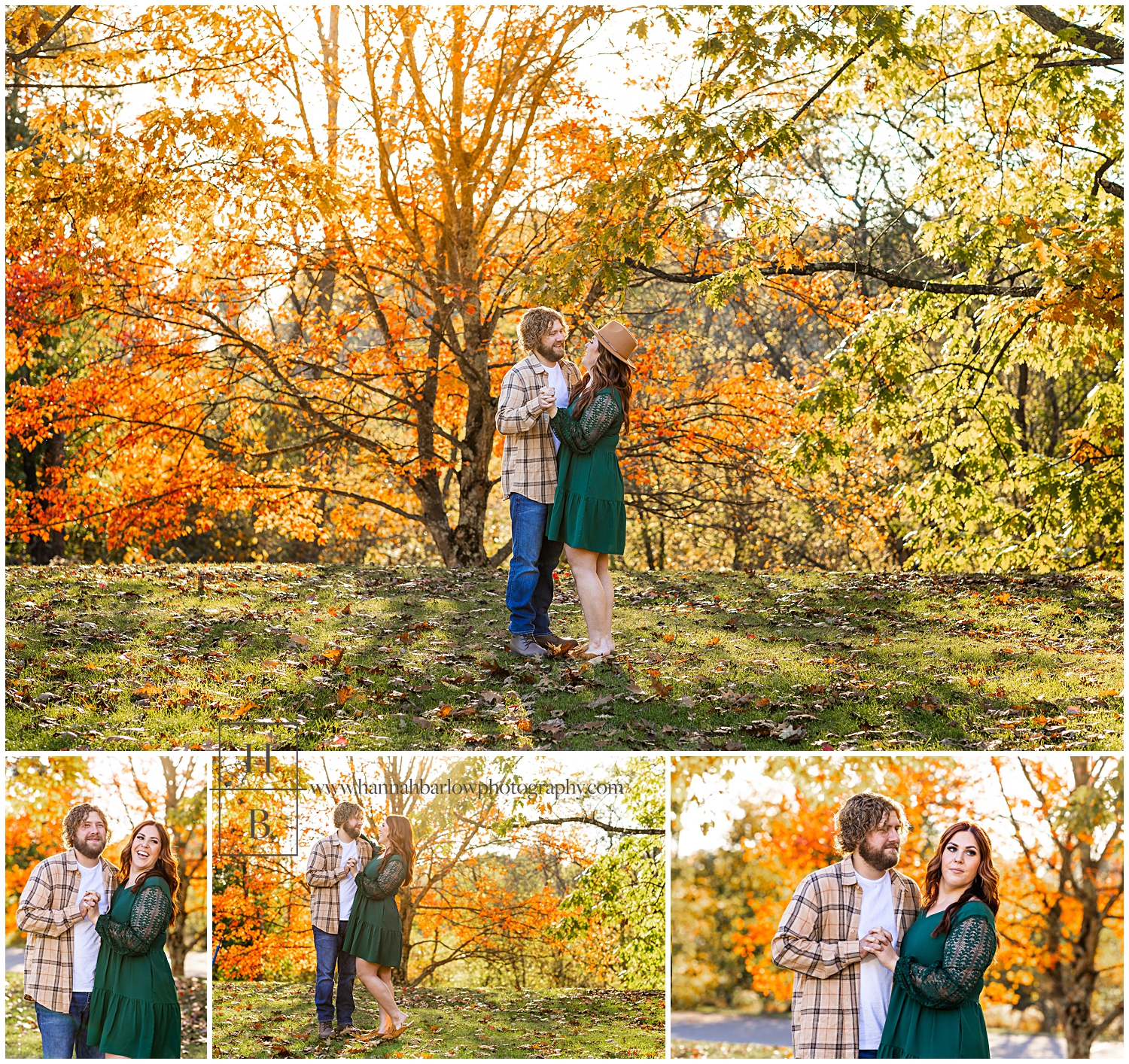 Fall, colorful trees surround couple who poses for engagement photos.