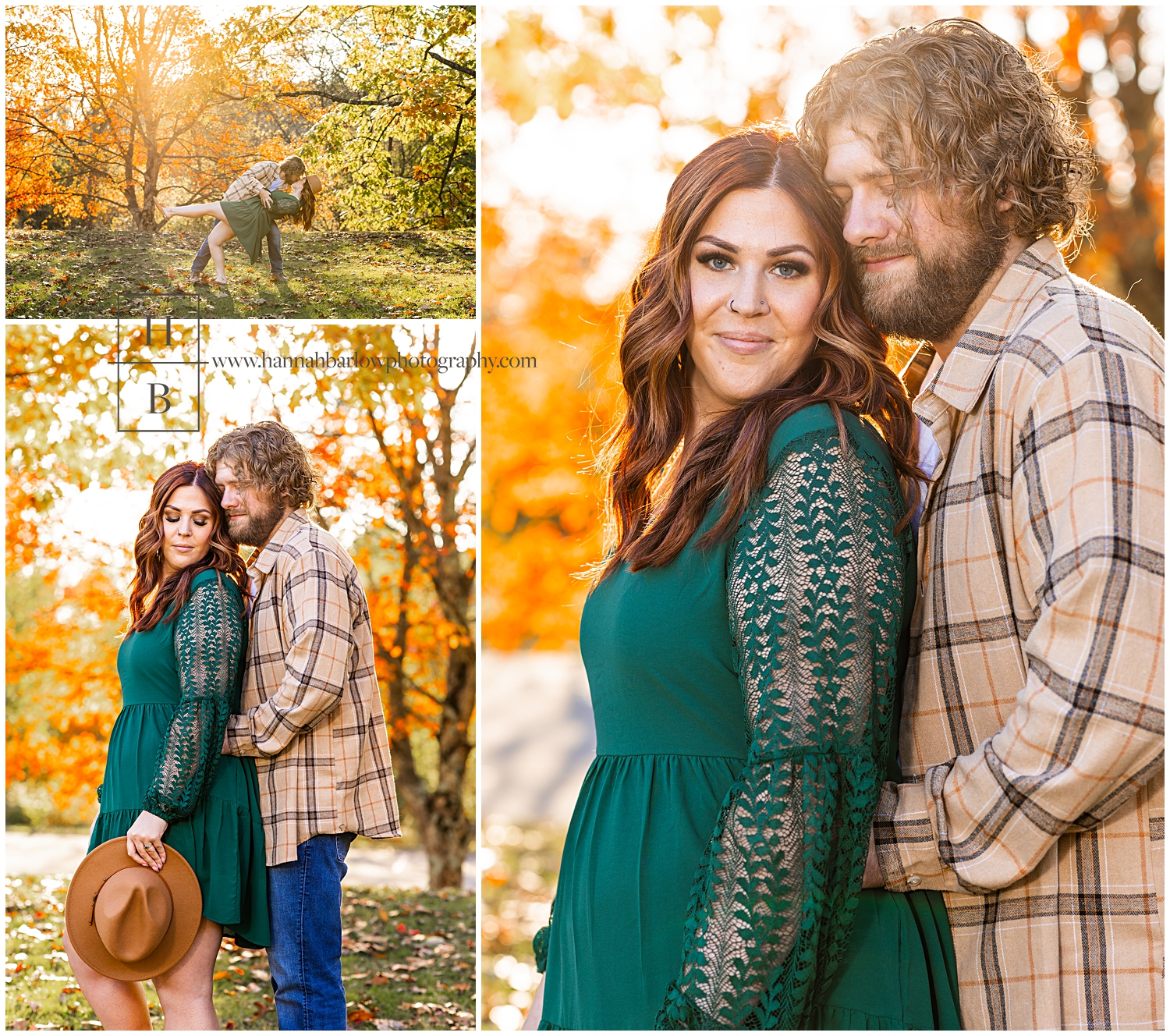 Man snuggles women in green dress for engagement photos.
