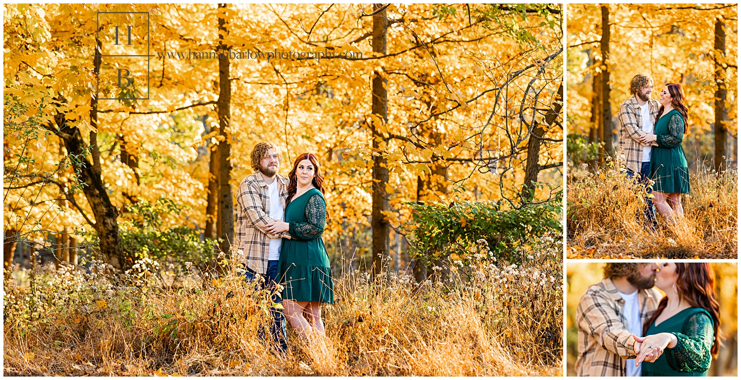 Man and woman pose for engagement photos for yellow leaves.