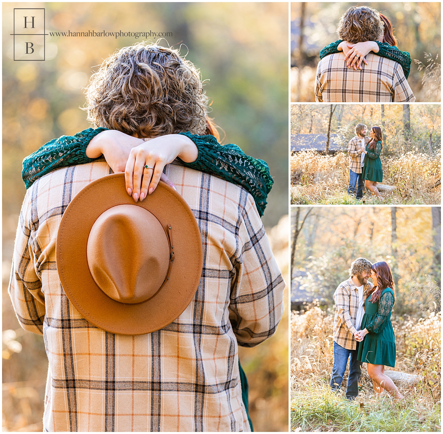 Women in hat poses in fall yellow trees for engagement photos.