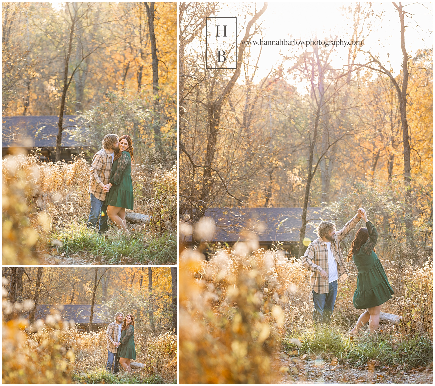 Couple stands in fall foliage and dead grass for engagement photos.