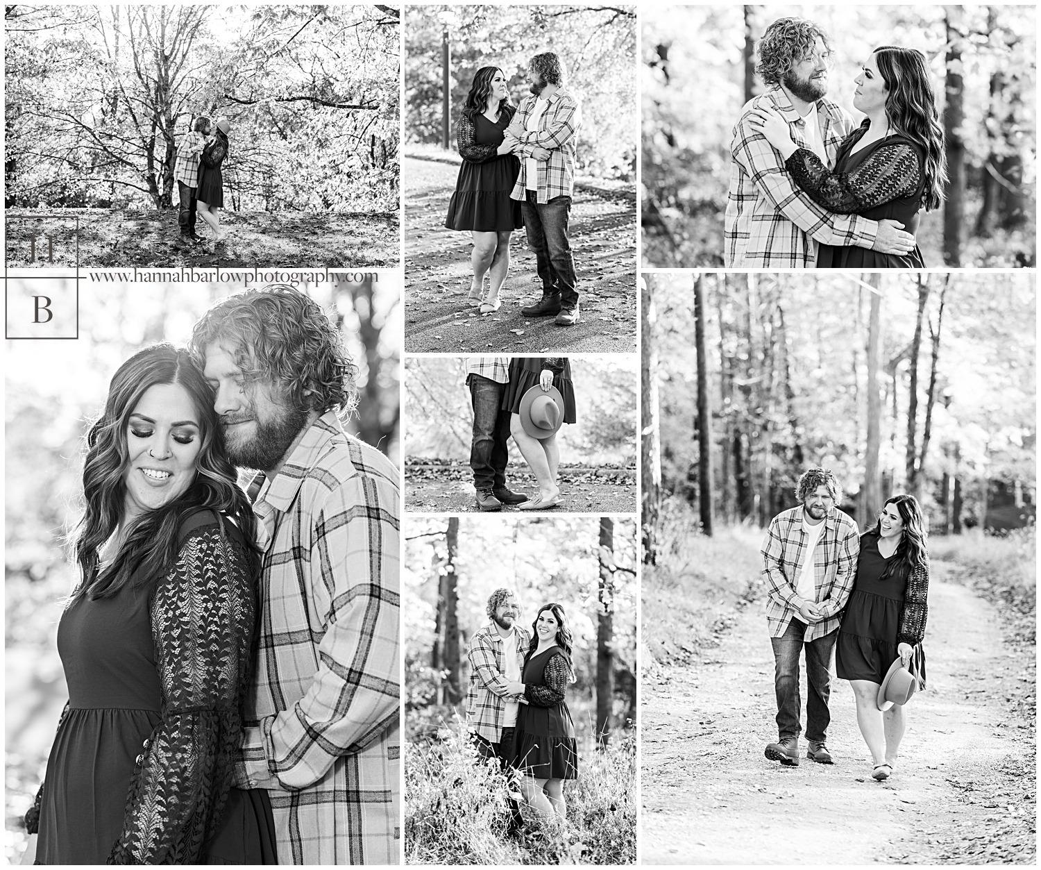 Black and white photo collage of engagement photos.