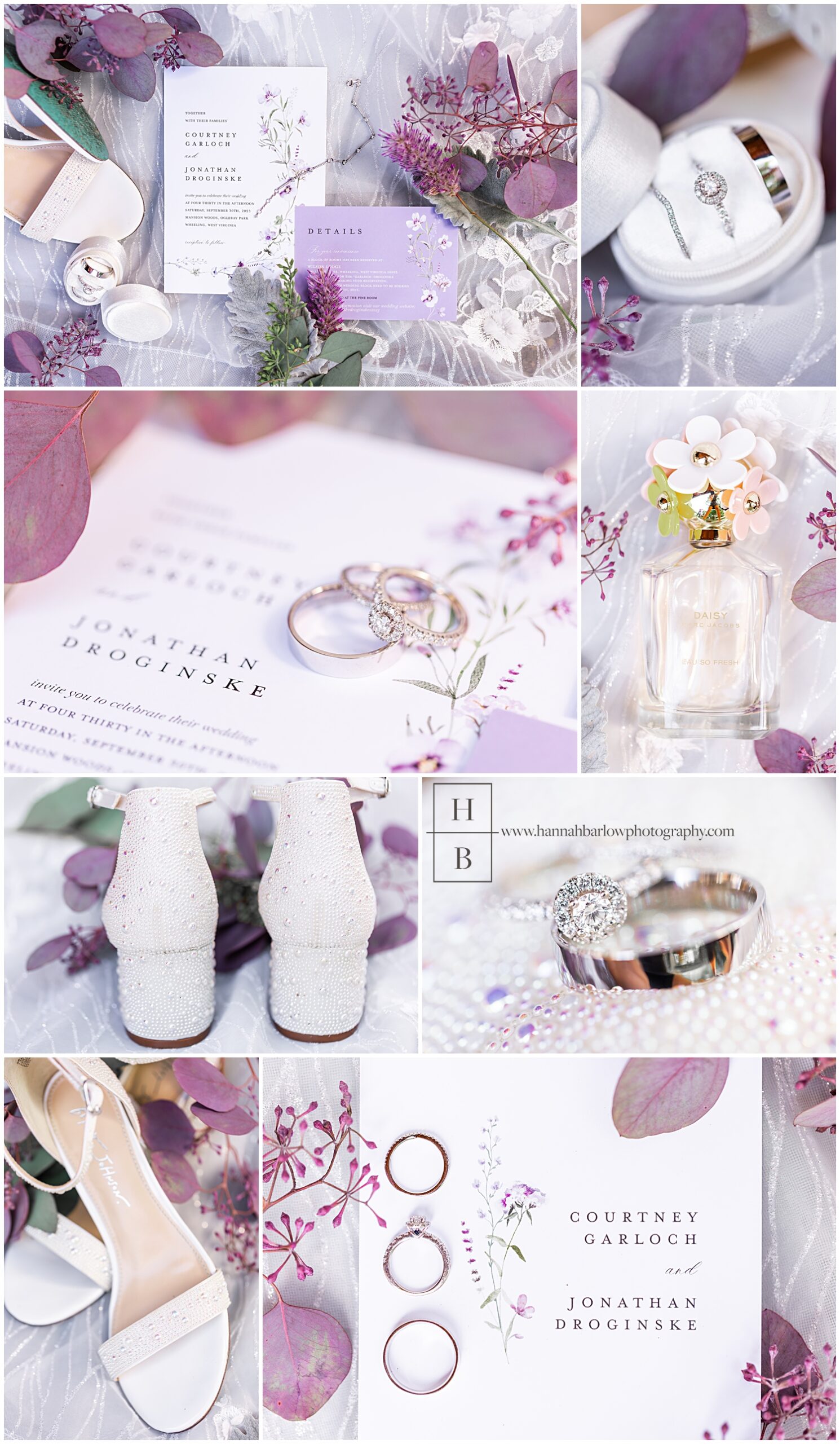 Collage of purple wedding details.