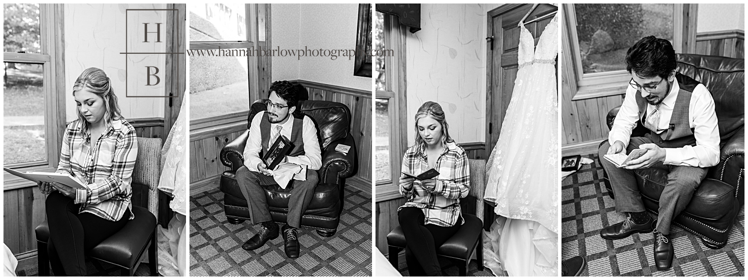 Black and white photos of bride and groom opening each other's wedding gifts.