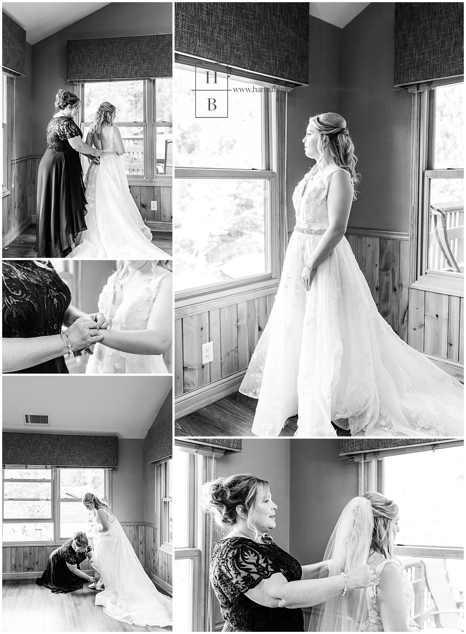 Black and white photos of bride getting ready with mother of the bride.