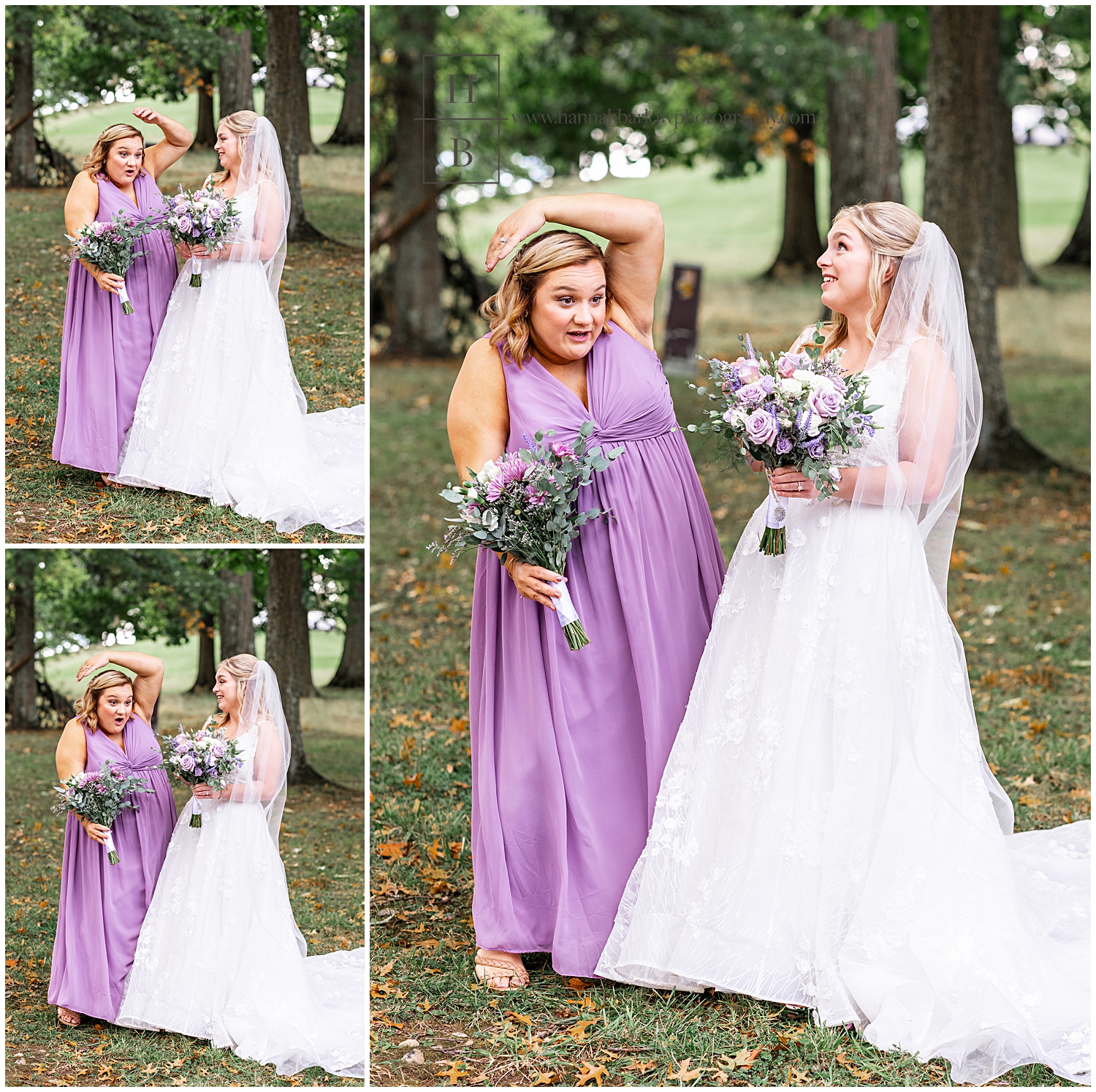 Bridesmaid in purple dress holds hand over head so acorn doesn't hit her.