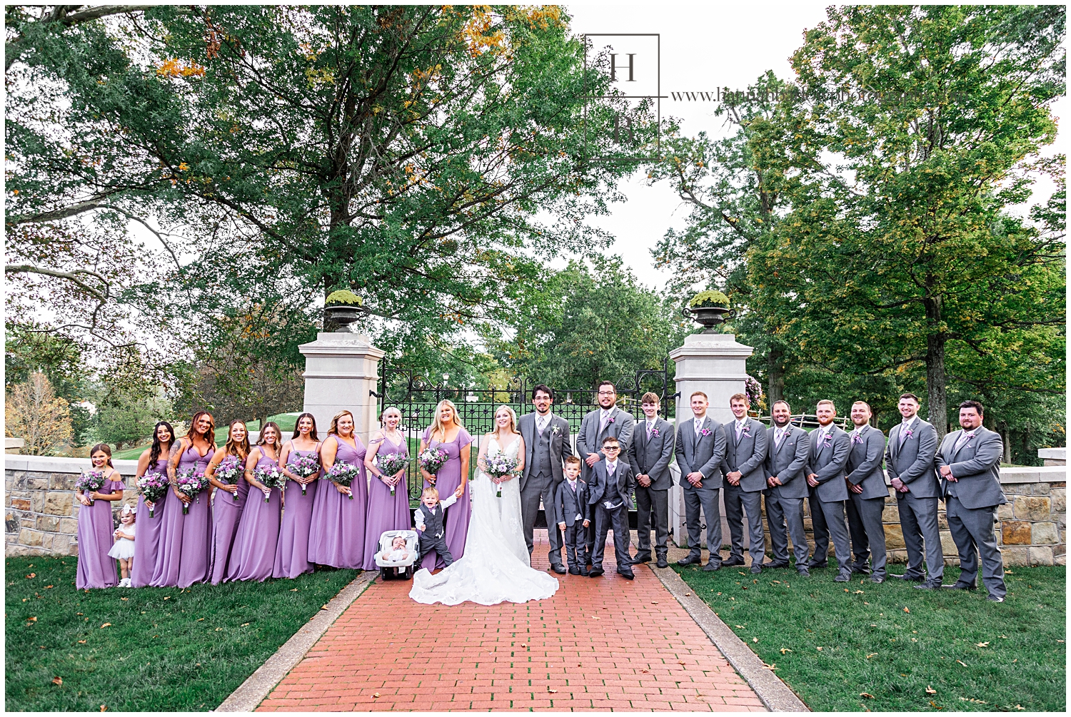 Full bridal party in purple dresses and grey tuxes stands for portrait.