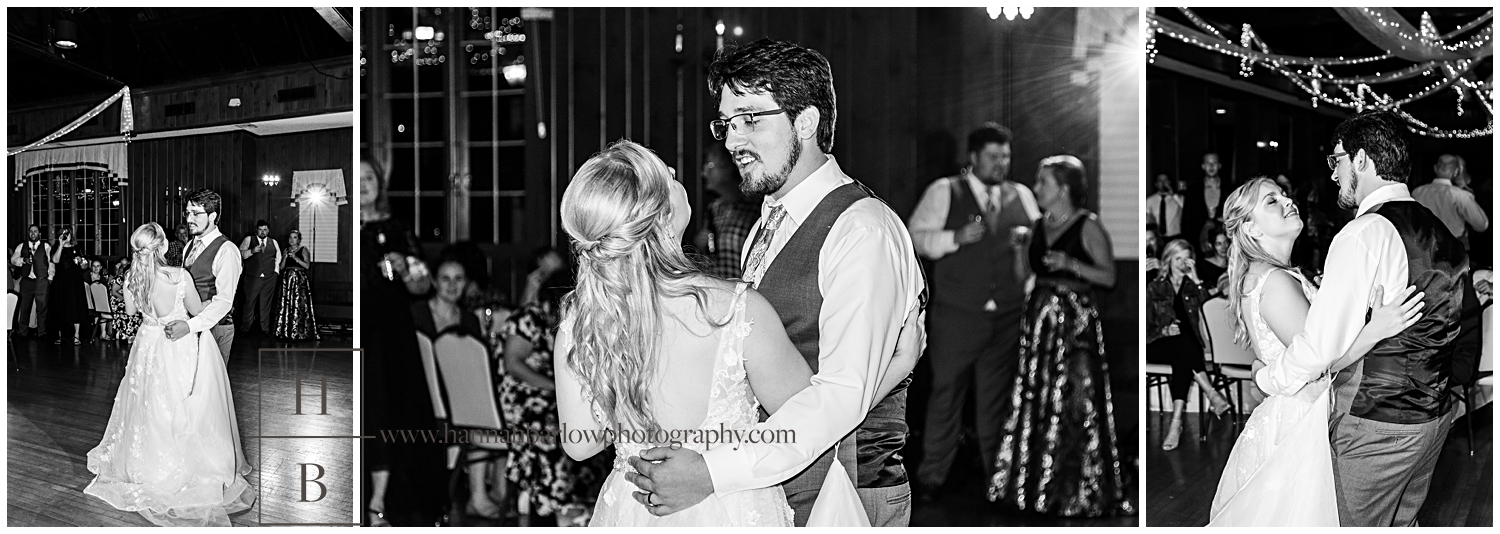 Black and white photos of couple dancing first dance.