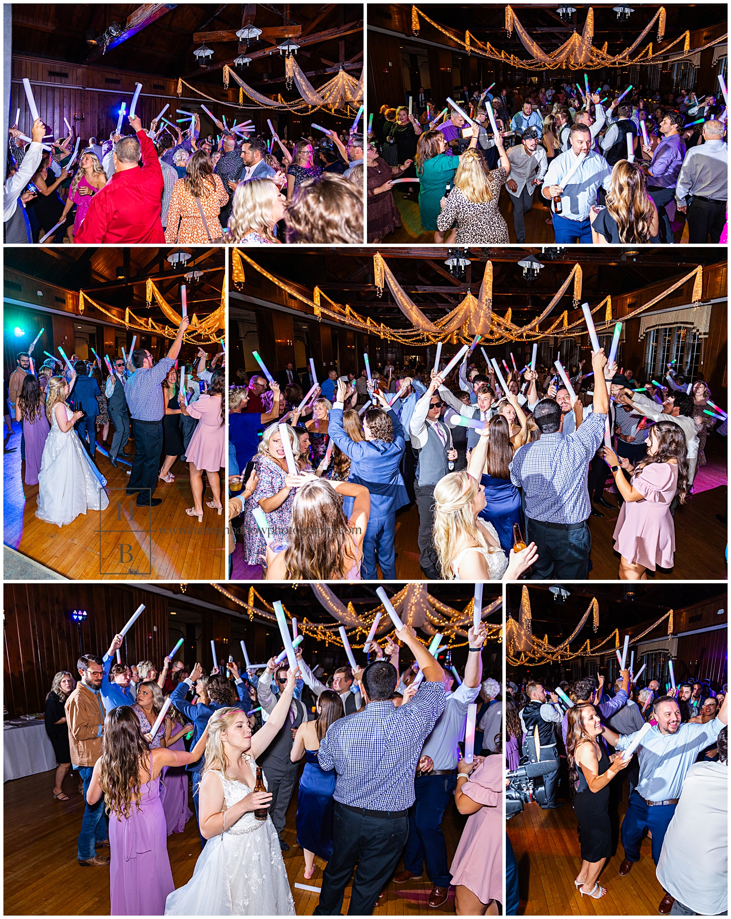 Wedding reception dance floor guests wave lighted wands.
