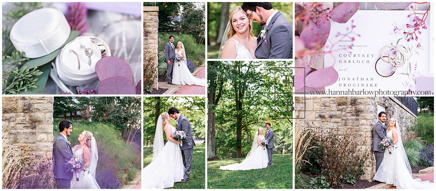 Collage of purple wedding and wedding couple.