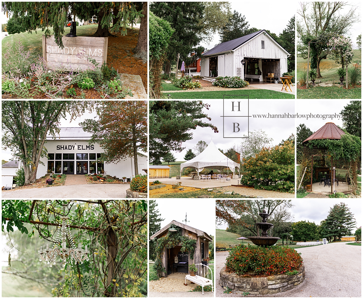 Collage of exterior photos of fall farm wedding at Shady Elms.