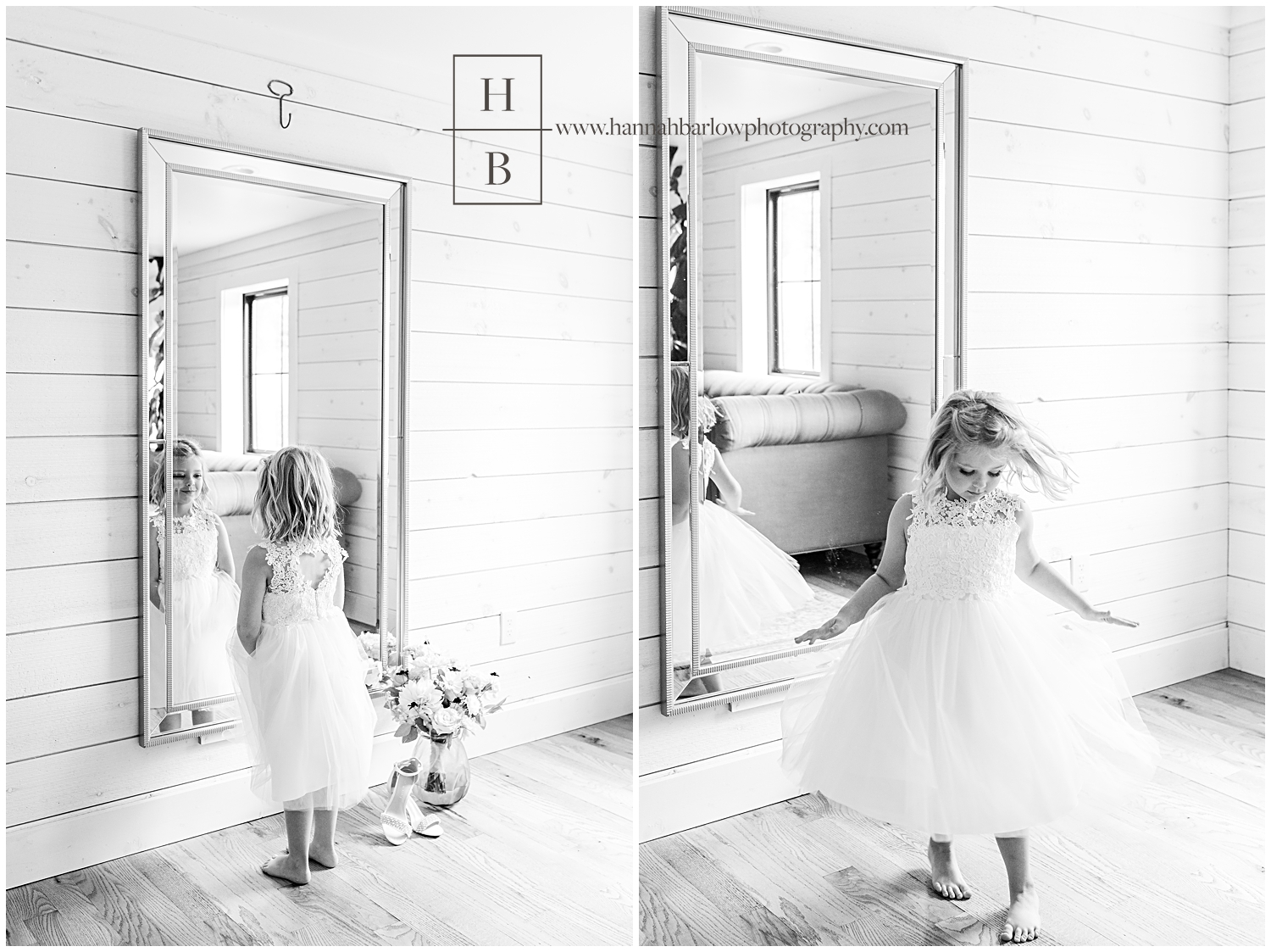 Black and White photos of flower girl dancing by mirror.
