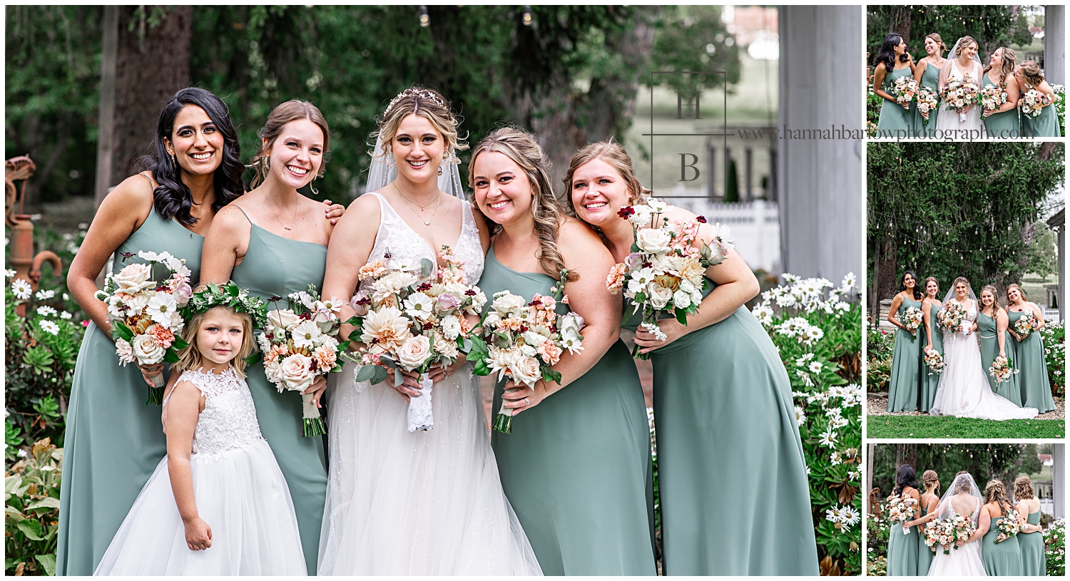 Bridesmaids in sage green dresses pose with bride.
