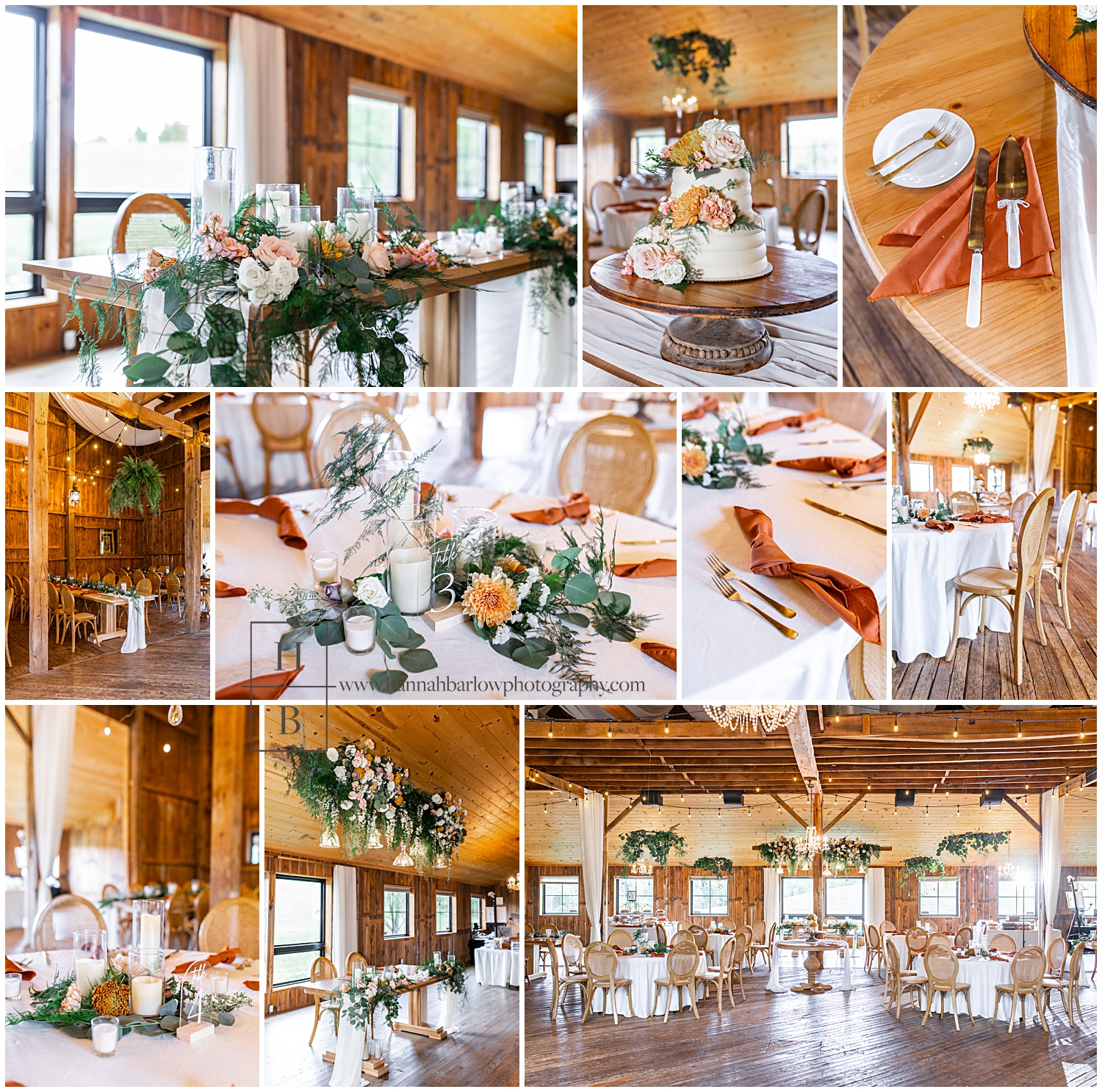 Interior wedding reception details in barn at Shady Elms Farm.